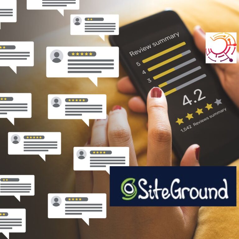 Recensione di Siteground. Una mano di donna clicca su uno smartphone una recensione di 4 stelle. Logo di siteground in basso a destra