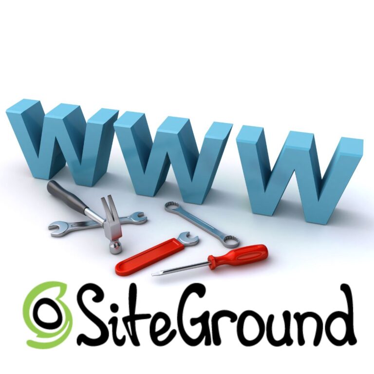 Guida Siteground migrazione sito web. WWW tridimensionale azzurro con attrezzi da lavoro su logo di SiteGround