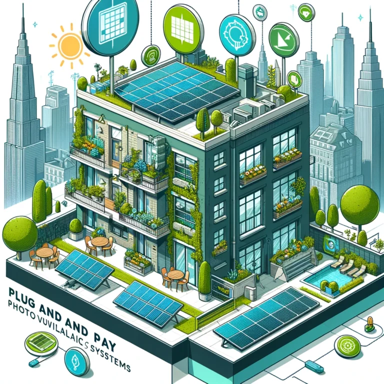 Panorama urbano con pannelli solari plug and play installati su balconi, simbolo di energia pulita e sostenibilità in città