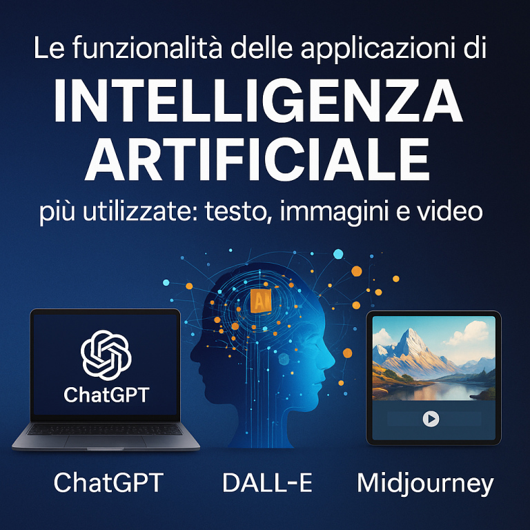 Immagine di copertina che illustra le principali applicazioni di intelligenza artificiale – ChatGPT, DALL·E e Midjourney – per la creazione di testi, immagini e video con AI generativa.